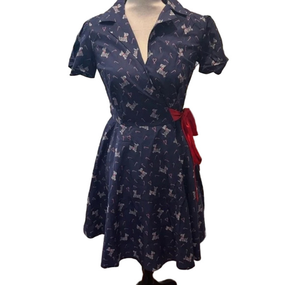 UNIQUE VINTAGE Retro Holiday Party Christmas Dog + Cand Canes Wrap Dress - Picture 9 of 10